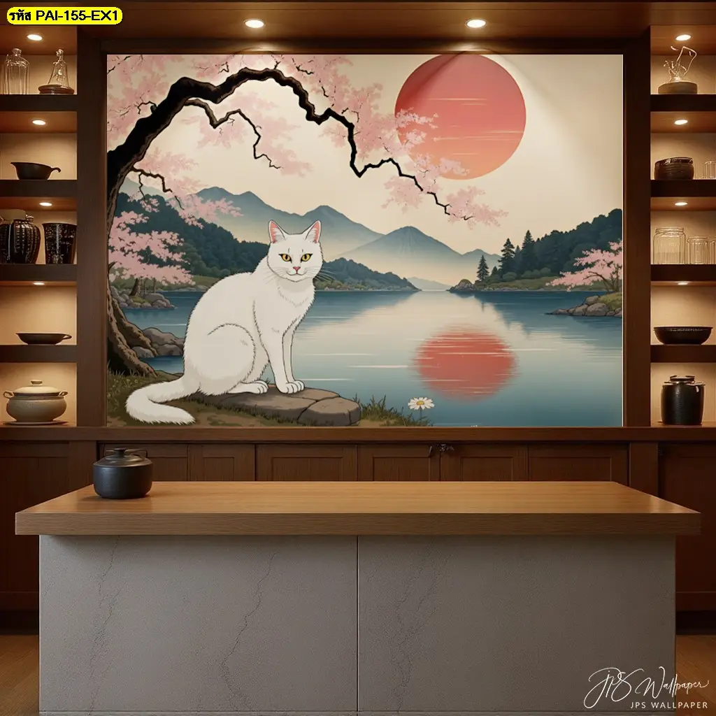 Japanese Cat Wall Mural งานพิมพ์คมชัด เหมาะกับคาเฟ่และร้านอาหารญี่ปุ่น โดย รับผลิตวอลเปเปอร์ Murallbkk