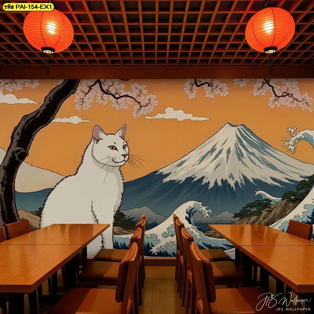 Japanese Cat Wall Mural เพิ่มความโดดเด่นให้ร้านอาหารญี่ปุ่น พร้อมบริการ ช่างติดตั้งวอลเปเปอร์มืออาชีพ