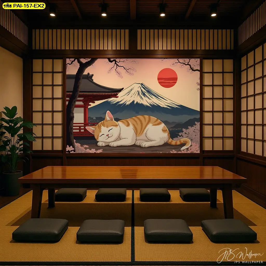 รูปภาพติดผนังแมวญี่ปุ่น เหมาะกับโรงแรมและร้านอาหารญี่ปุ่น ผลิตโดยร้านผลิตวอลเปเปอร์ Murallbkk พร้อมติดตั้งโดยช่างติดตั้งวอลเปเปอร์มืออาชีพ