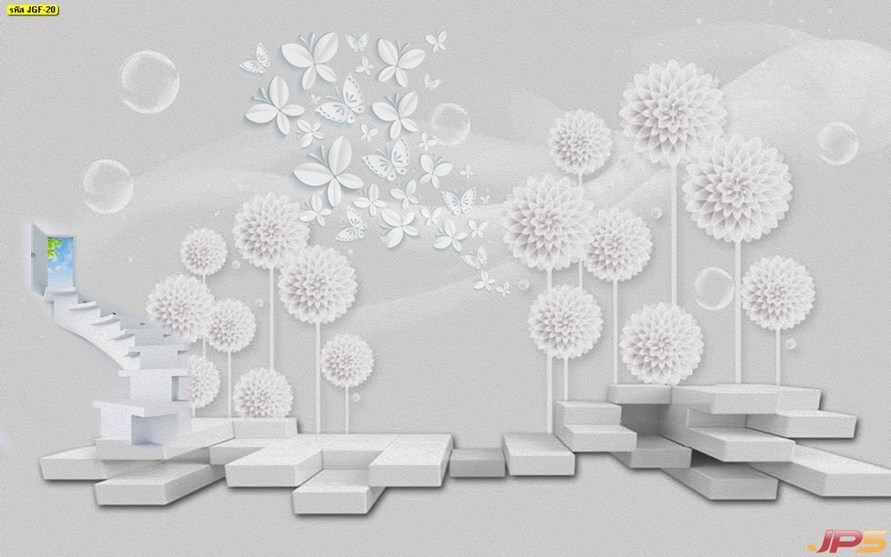 วอลเปเปอร์กราฟิกลายดอกไม้กระดาษสีขาว