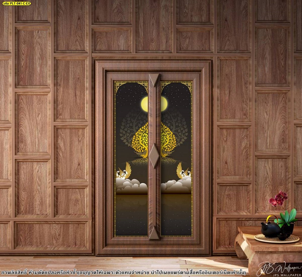 ภาพพิมพ์ประตูไม้ลายครุฑกับต้นโพธิ์ทองบนก้อนเมฆ