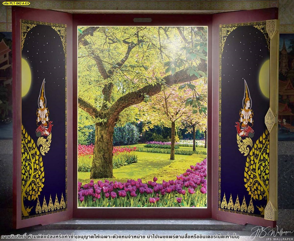 พิมพ์ภาพประตูโบสถ์เทวดาไหว้คู่กับต้นโพธิ์ทอง