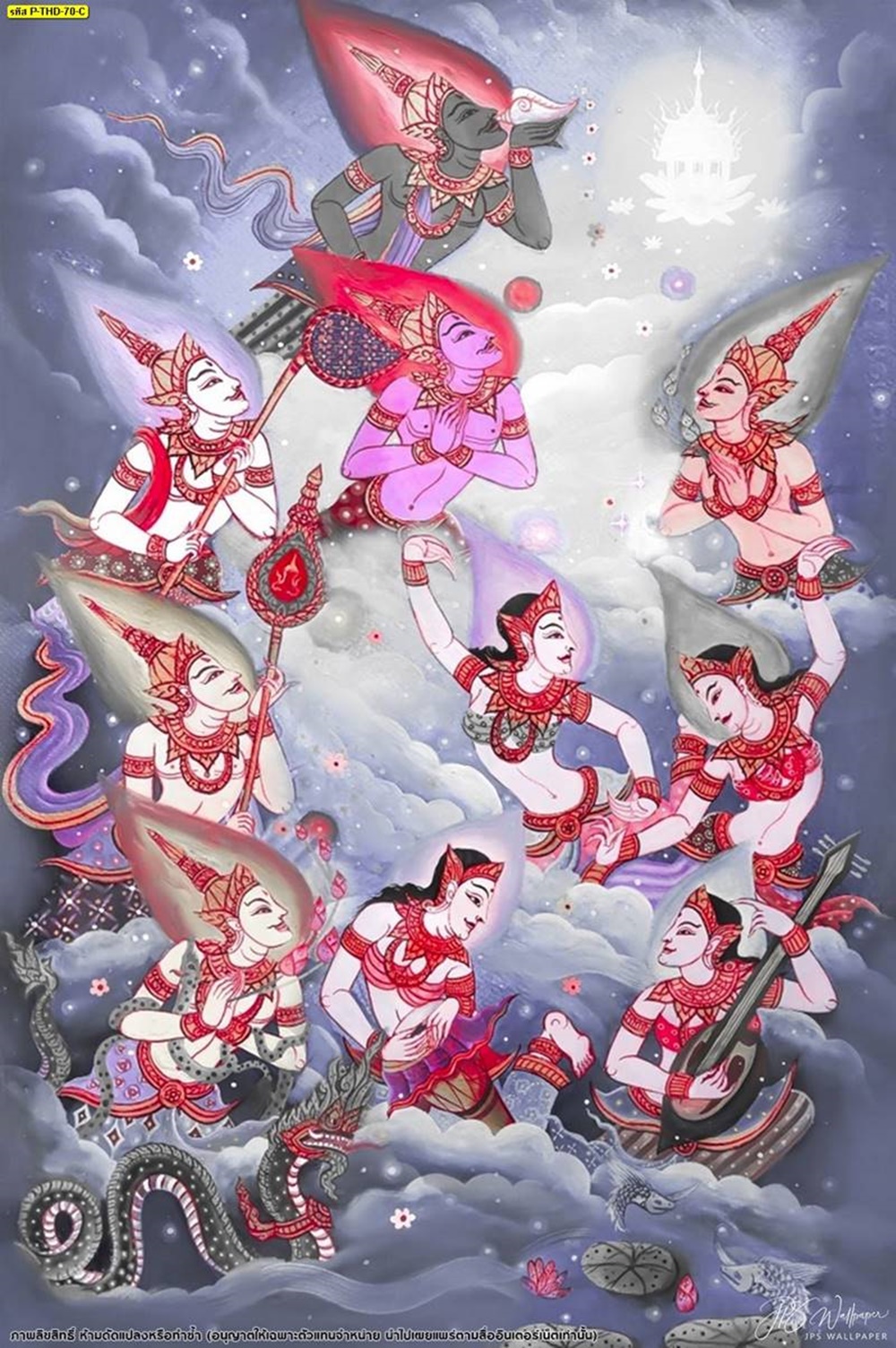ภาพจิตรกรรมไทยลายเทวดาชุมนุมโทนสีชมพู