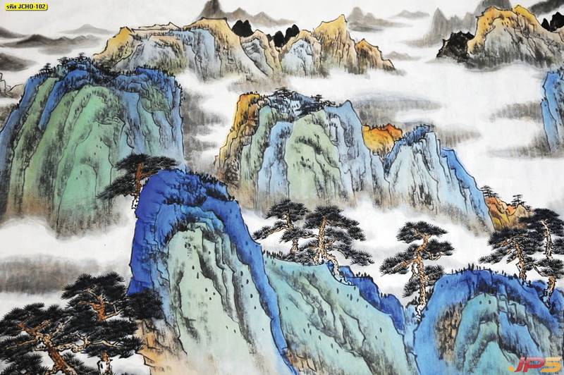ภาพเขียนจีนลายภูเขาสูงในม่านหมอก