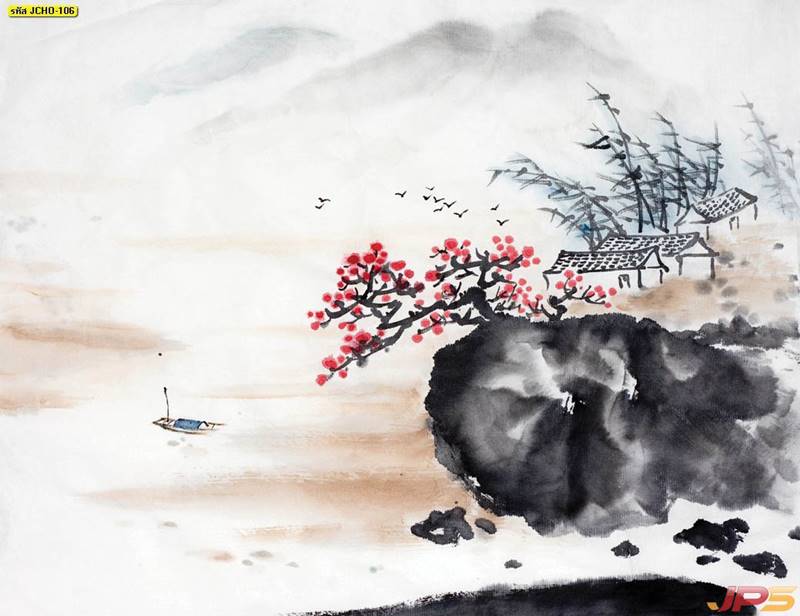 ภาพเขียนจีนลายทิวทัศน์แม่น้ำภูเขาหมู่บ้าน