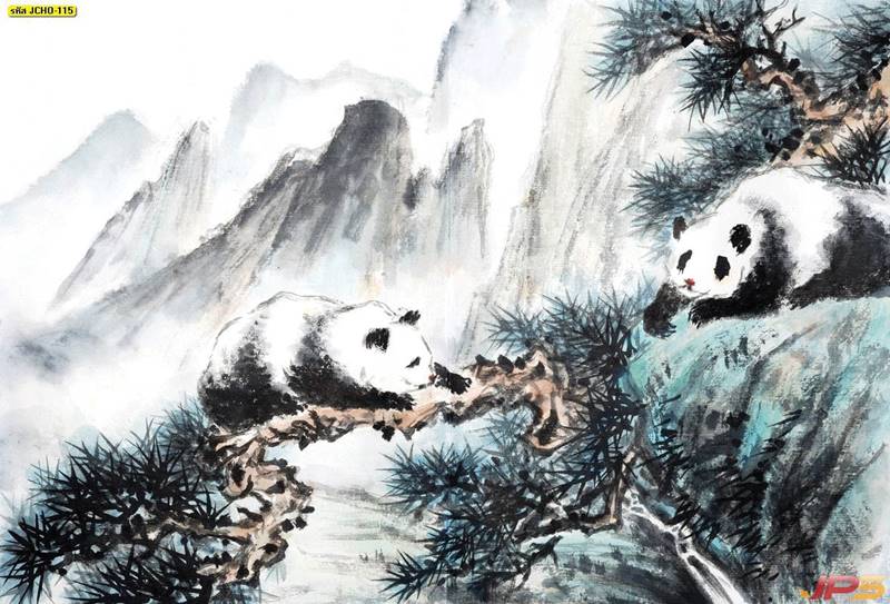ภาพเขียนจีนลายหมีแพนด้าบนภูเขาสูง