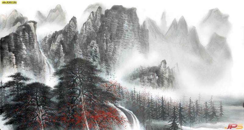 ภาพเขียนจีนลายวิวภูเขาสูงอันสงบเงียบ