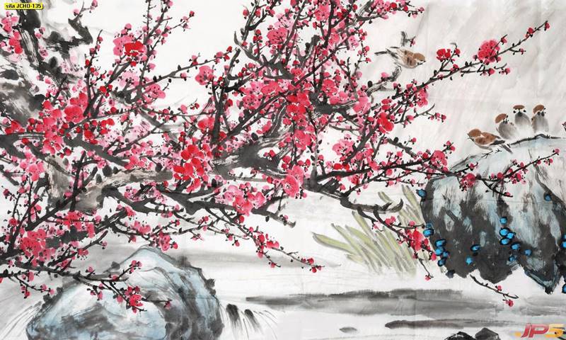 ภาพเขียนจีนลายดอกไม้สีชมพูบานสะพลั่ง