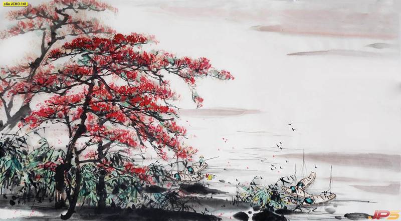 ภาพเขียนจีนลายต้นดอกไม้สีแดงริมแม่น้ำขนาดใหญ่