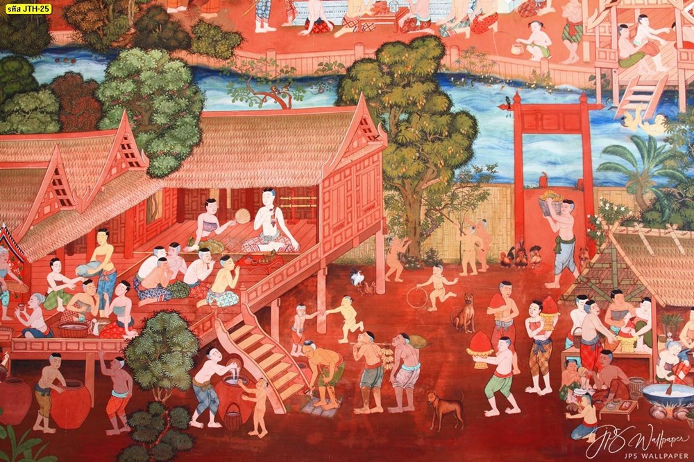 ภาพจิตรกรรมไทยลายวิถีชีวิตชาวบ้านในสมัยก่อน