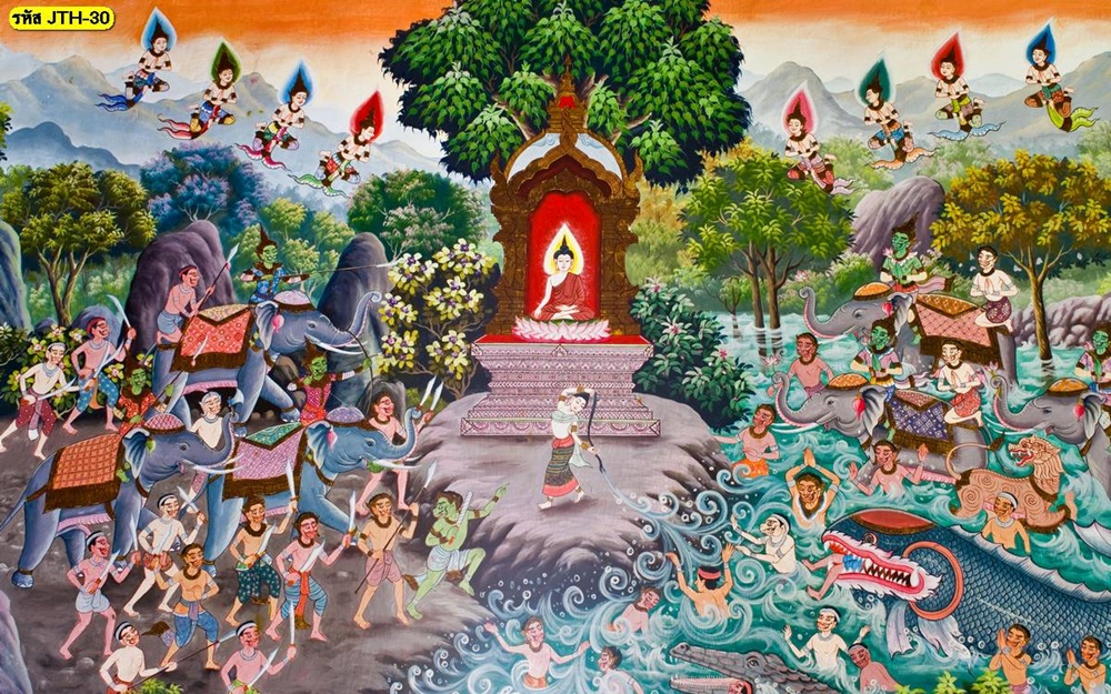 ภาพจิตรกรรมไทยลายศาสนาพุทธตอนมารผจญ