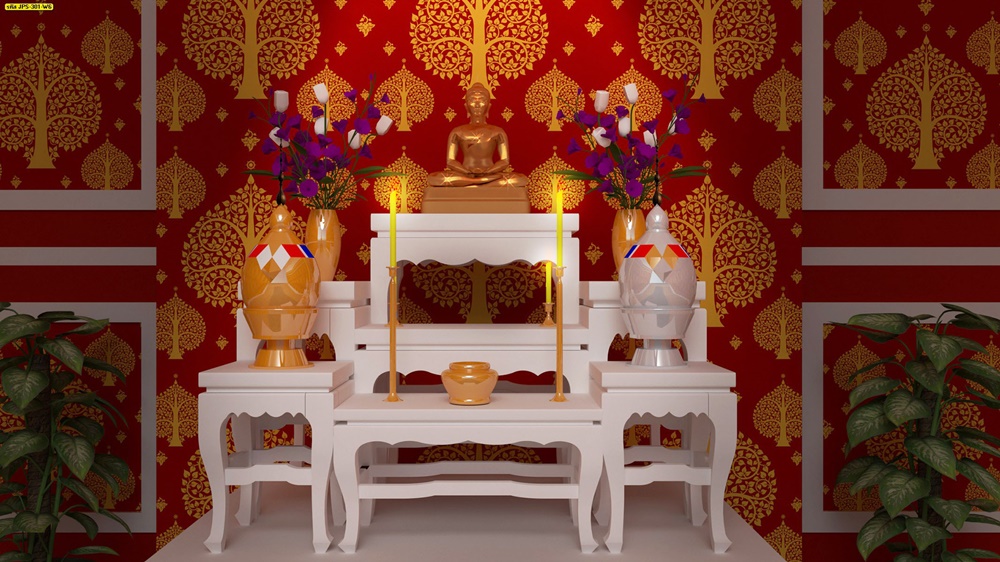 วอลเปเปอร์ลายไทยต้นโพธิ์ทองด้านหลังโต๊ะหมู่บูชา