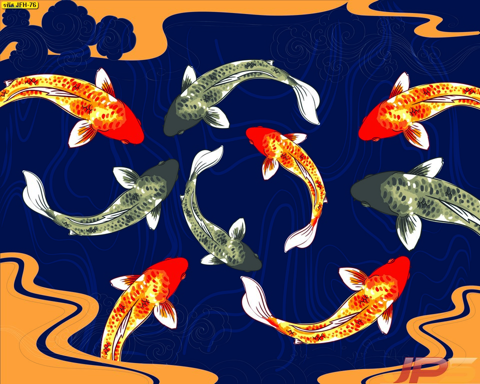 ภาพพิมพ์ลายปลาคาร์ฟแบบญึ่ปุ่นพื้นสีน้ำเงินเข้ม