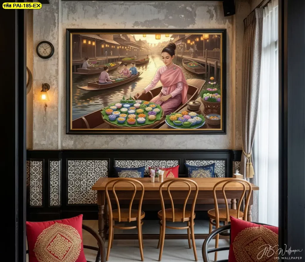 วอลเปเปอร์ร้านขนมไทย ออกแบบลวดลายขนมไทยโบราณให้โดดเด่น เหมาะสำหรับร้านขนมและร้านอาหาร ผลิตโดย Murallbkk ร้านผลิตวอลเปเปอร์ พร้อมช่างติดตั้งวอลเปเปอร์มืออาชีพ