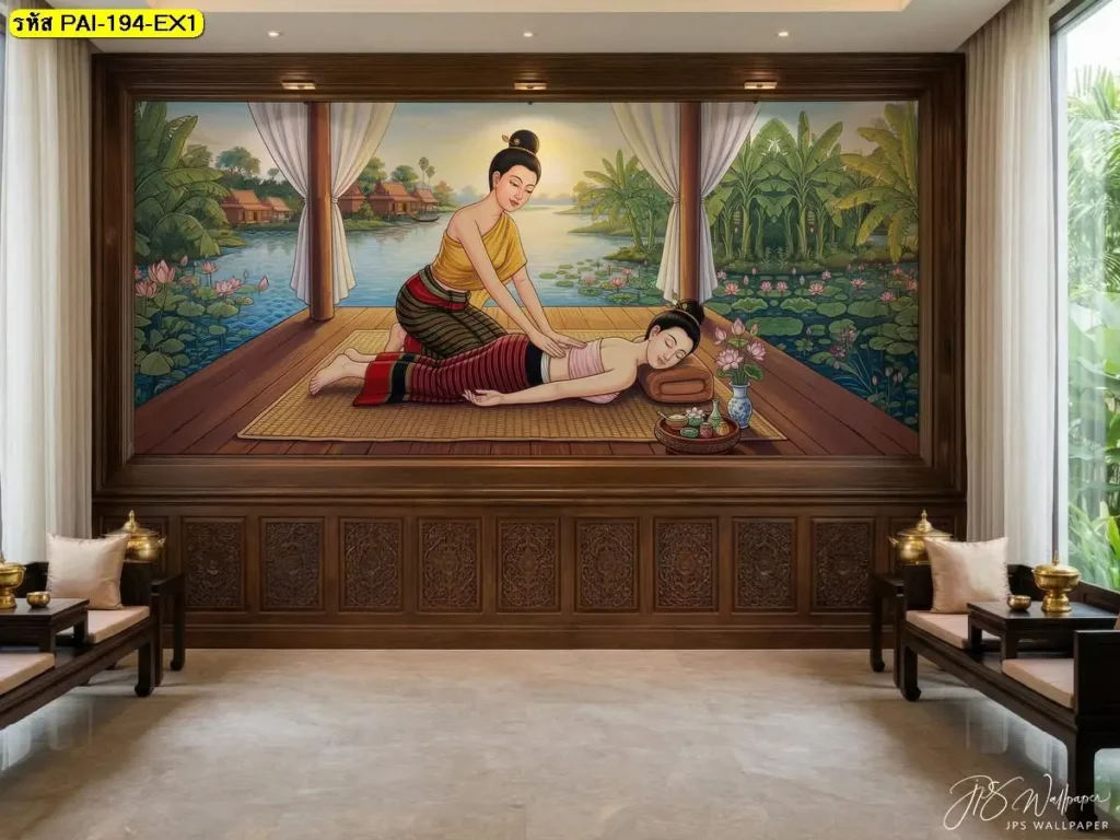 ภาพพื้นหลังนวดไทย ท่านวดไทย ท่านอนคว่ำ กดหลัง สั่งทำได้ที่ Murallbkk เราเป็นร้านผลิตวอลเปเปอร์และรับผลิตวอลเปเปอร์