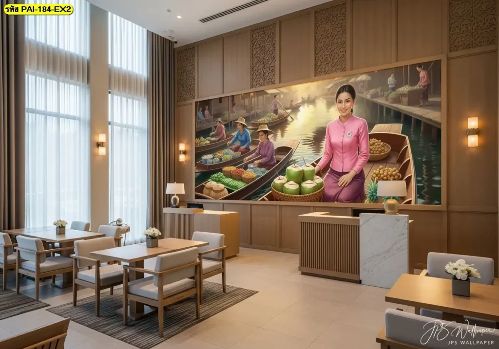 วอลเปเปอร์ร้านผลไม้ตลาดน้ำ เพิ่มเอกลักษณ์ให้ร้านด้วยภาพผลไม้ไทยและบรรยากาศตลาดน้ำ ผลิตโดย Murallbkk ร้านขายวอลเปเปอร์ รับผลิตวอลเปเปอร์ครบวงจร