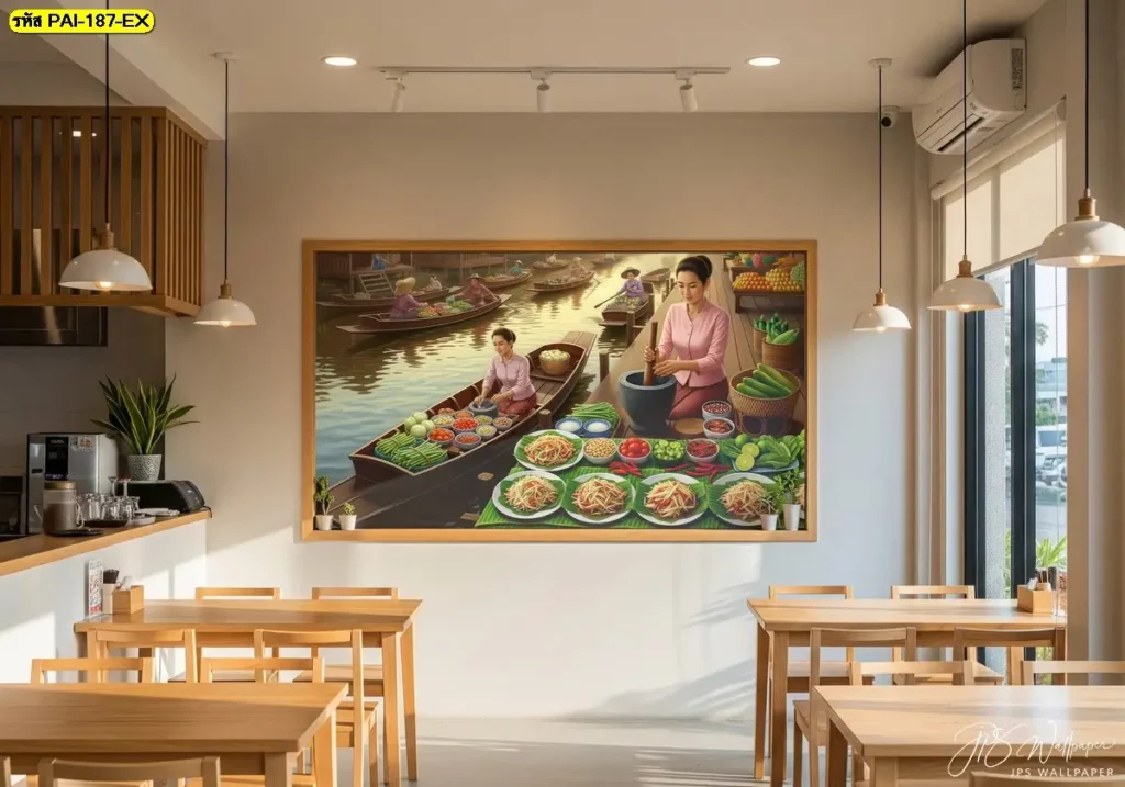 วอลเปเปอร์ร้านส้มตำ ช่วยสร้างมุมถ่ายภาพภายในร้านให้โดดเด่น ผลิตโดย Murallbkk จำหน่ายวอลเปเปอร์ รับผลิตวอลเปเปอร์ และรับติดตั้งวอลเปเปอร์ครบวงจร