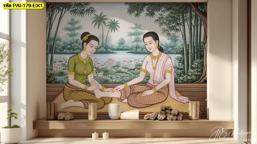 วอลเปเปอร์ลายไทยร้านสปา โทนสีเอิร์ธโทนดูอบอุ่นสบายตา ผลิตด้วยวัสดุเกรดพรีเมียมจาก ร้านผลิตวอลเปเปอร์