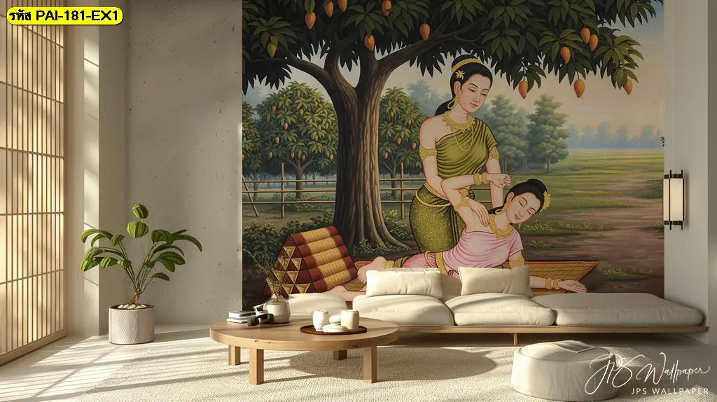 ภาพติดผนังร้านสปา ลายไทยร่วมสมัย ช่วยยกระดับภาพลักษณ์ของร้าน พร้อมบริการรับติดตั้งวอลเปเปอร์โดยช่างติดตั้งวอลเปเปอร์มืออาชีพ