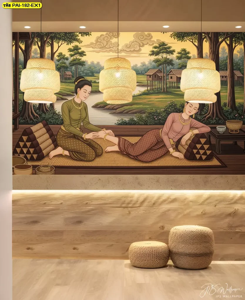 Thai Massage Mural Wallpaper ภาพเต็มผนังสำหรับร้านนวดไทย ผลิตโดยร้านผลิตวอลเปเปอร์ Murallbkk พร้อมช่างติดตั้งวอลเปเปอร์มืออาชีพ