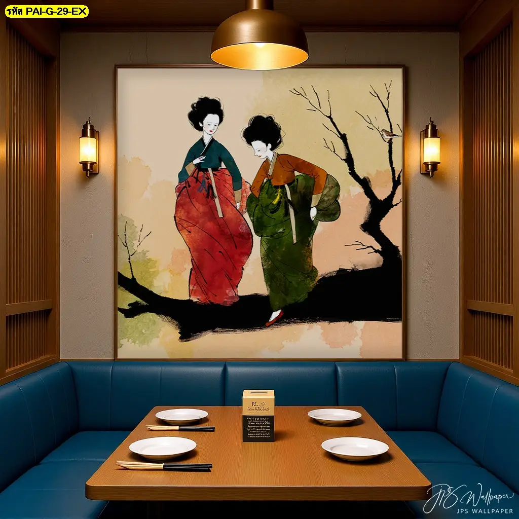 วอลเปเปอร์แต่งร้านอาหารเกาหลี ช่วยสร้างมุมถ่ายภาพที่น่าประทับใจด้วยลวดลายชุดฮันบก ผลิตโดย Murallbkk ร้านขายวอลเปเปอร์ รับผลิตวอลเปเปอร์