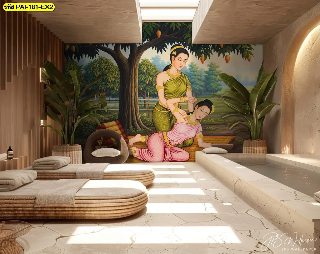 Thai Massage Wall Art สำหรับตกแต่งร้านนวดไทย ผลิตตามขนาดจริง โดย Murallbkk จำหน่ายวอลเปเปอร์พร้อมทีมช่างติดตั้งวอลเปเปอร์มืออาชีพ