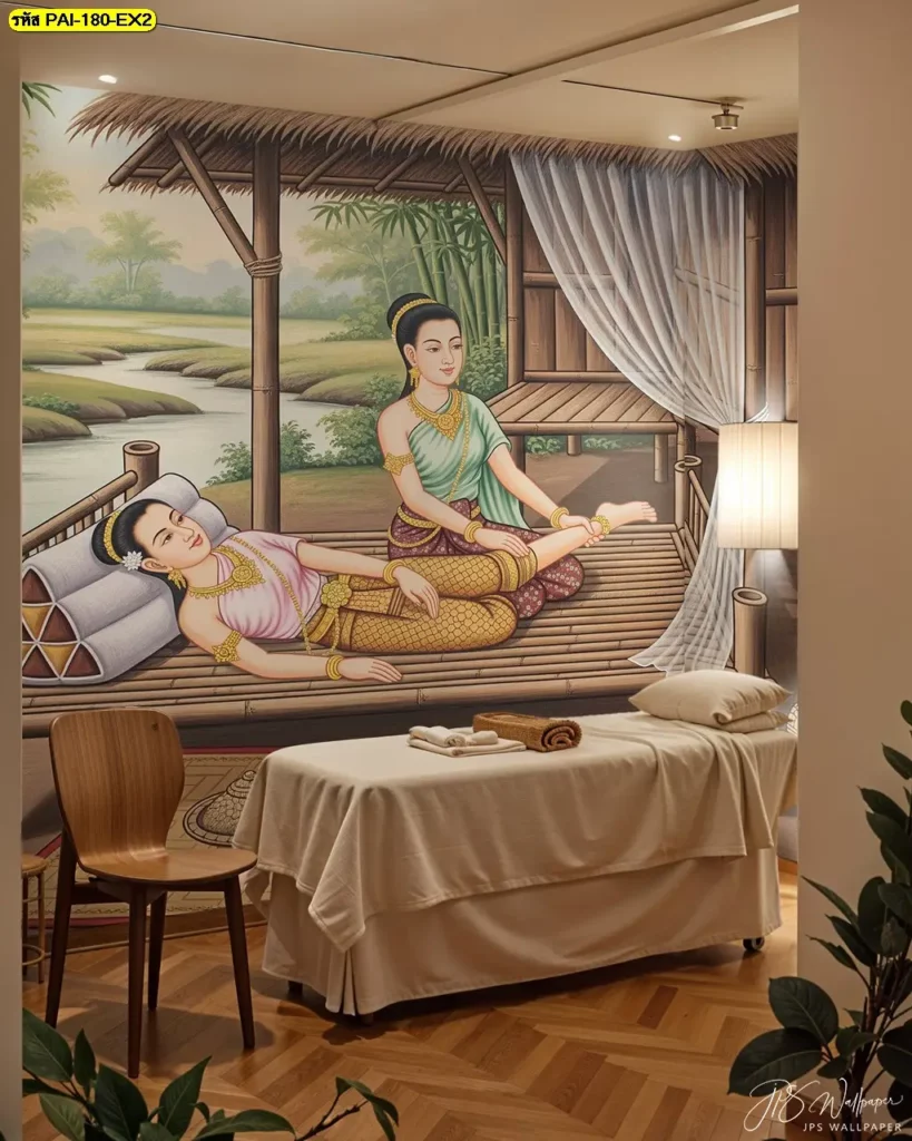 ภาพแต่งร้านสปาไทย ลวดลายไทยร่วมสมัย ผลิตด้วยวัสดุคุณภาพสูง โดยร้านขายวอลเปเปอร์ Murallbkk