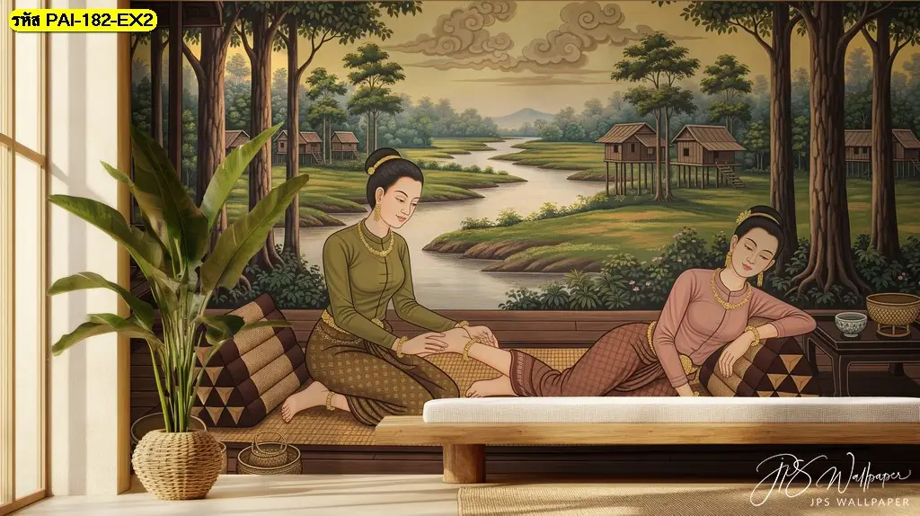 ภาพติดผนังร้านสปา ลวดลายไทยร่วมสมัย ผลิตตามพื้นที่จริง พร้อมบริการจำหน่ายวอลเปเปอร์และติดตั้งครบวงจร