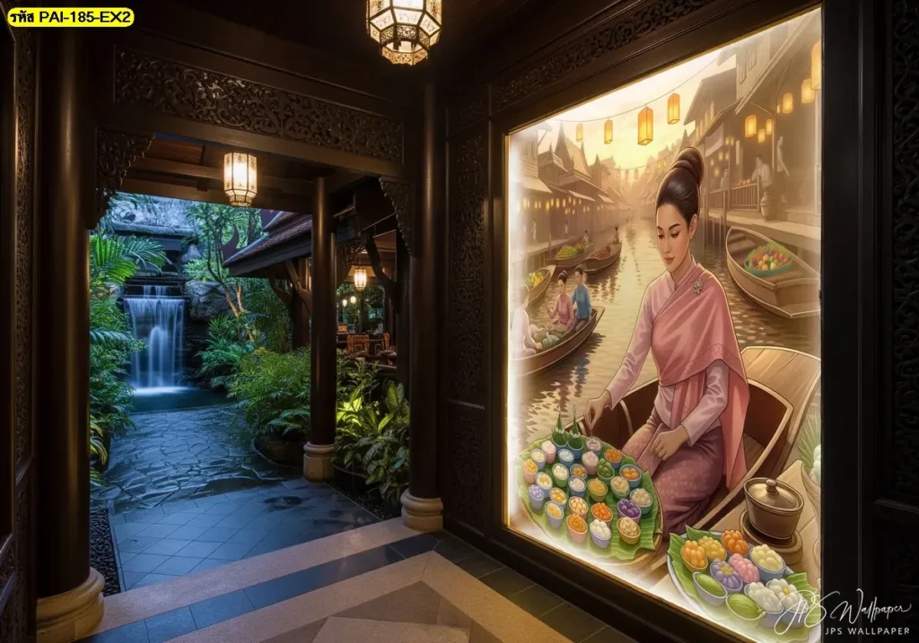 วอลเปเปอร์ตกแต่งร้านขนมไทย ช่วยสร้างมุมถ่ายภาพภายในร้านด้วยภาพขนมไทยโบราณ ผลิตโดย Murallbkk ร้านผลิตวอลเปเปอร์ พร้อมบริการติดตั้งคุณภาพ