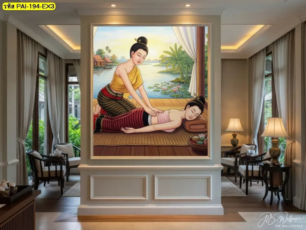 ภาพพื้นหลังนวดไทย ท่านวดไทย ท่านอนคว่ำ กดหลัง ผลิตโดย Murallbkk ร้านผลิตวอลเปเปอร์ที่รับติดตั้งวอลเปเปอร์ทั่วประเทศ