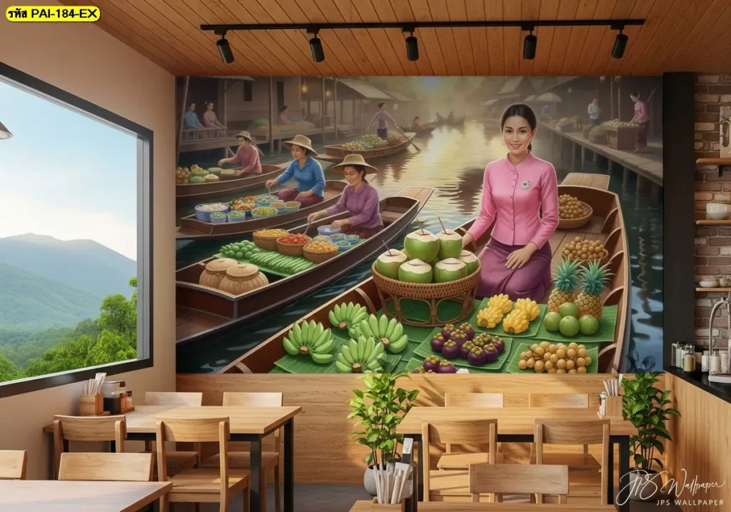 วอลเปเปอร์ร้านผลไม้ไทย ลวดลายผลไม้เมืองร้อน สีสันคมชัด เหมาะสำหรับร้านผลไม้ทุกขนาด ผลิตโดย Murallbkk จำหน่ายวอลเปเปอร์ พร้อมบริการติดตั้งมาตรฐาน
