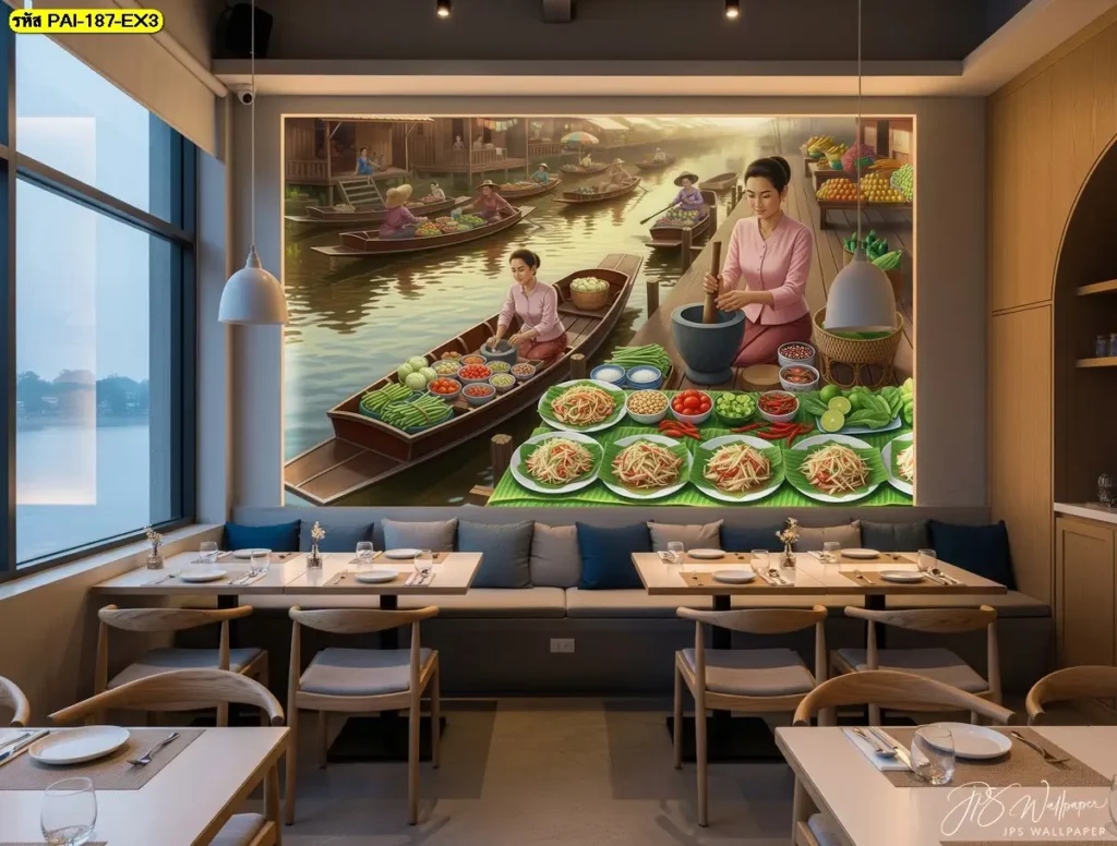 วอลเปเปอร์ตกแต่งร้านอาหารไทยอีสาน ลายอาหารพื้นบ้าน สีสันสวยงาม เหมาะกับร้านอาหารทุกสไตล์ ผลิตโดย Murallbkk รับผลิตวอลเปเปอร์และติดตั้งครบวงจร