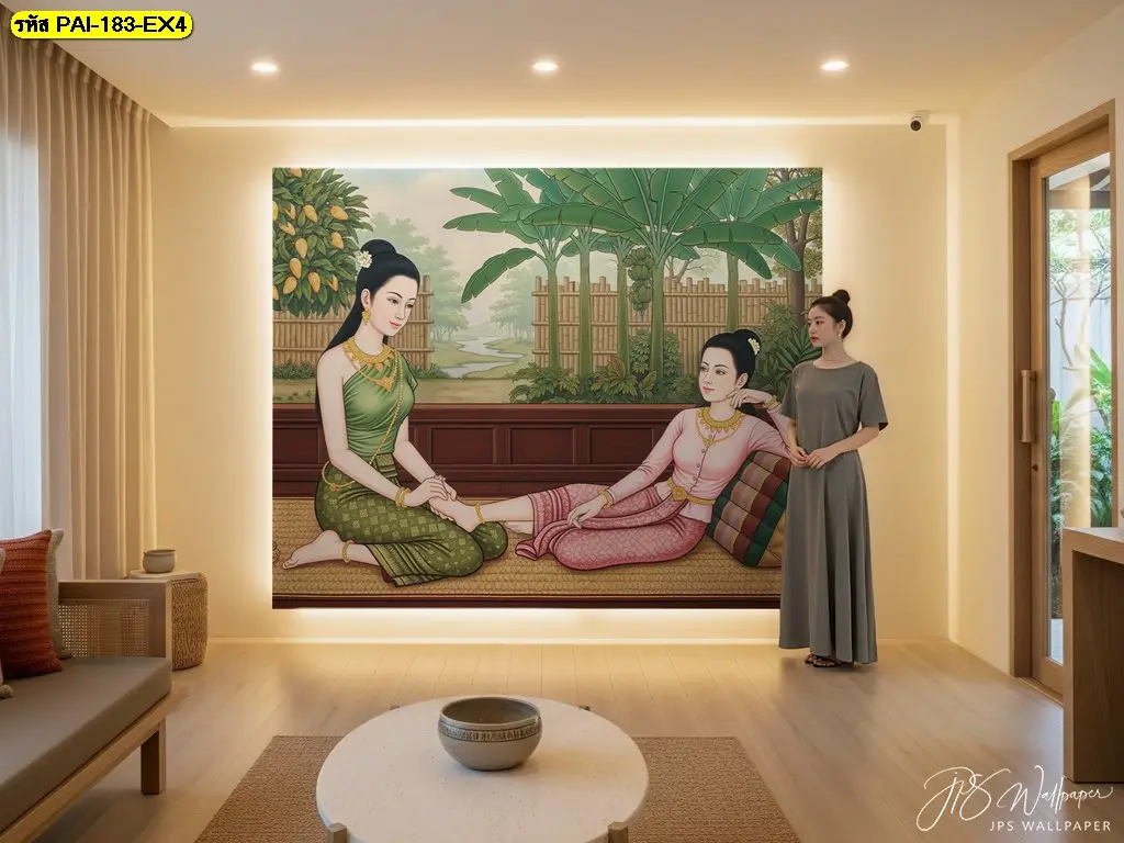 ภาพตกแต่งร้านนวดสปา ลวดลายไทยโทนอบอุ่น เหมาะสำหรับห้องนวด ห้องรับรอง และพื้นที่ต้อนรับ จาก Murallbkk ร้านขายวอลเปเปอร์ พร้อมบริการติดตั้งครบวงจร