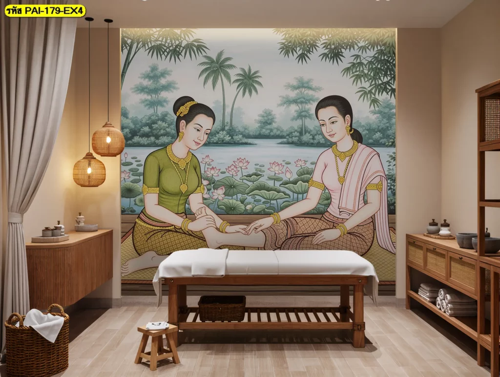 วอลเปเปอร์แต่งร้านนวด ภาพจำลองเตียงนวดพร้อมผนังลายไทยโบราณที่ได้รับการดูแลจาก ช่างติดตั้งวอลเปเปอร์มืออาชีพ