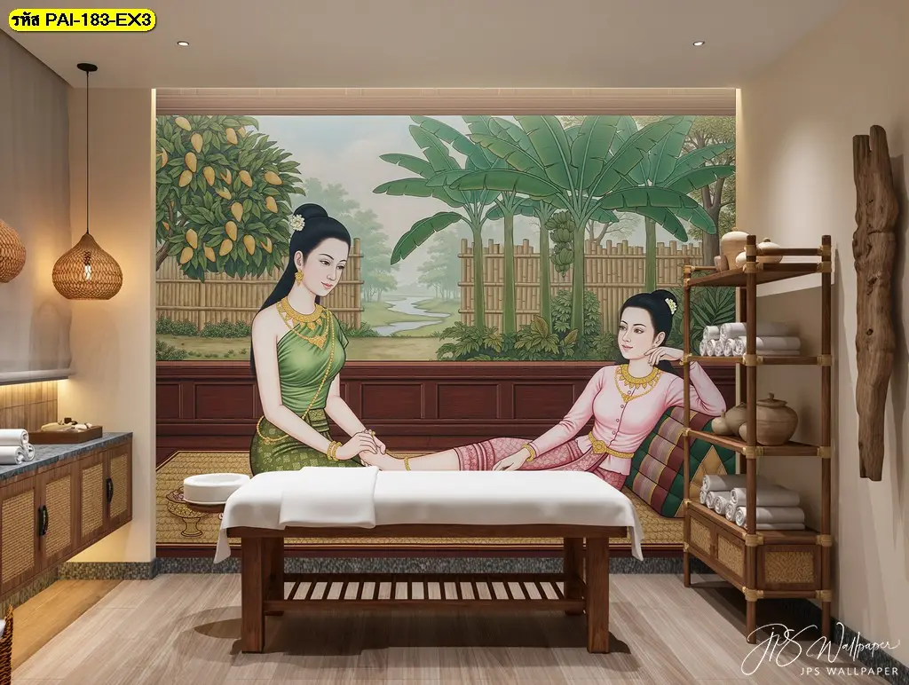 รูปภาพติดผนังร้านสปาไทย ถ่ายทอดศิลปะไทยและบรรยากาศแห่งการพักผ่อน เหมาะสำหรับร้านนวดไทย โรงแรม และรีสอร์ต โดย Murallbkk รับผลิตวอลเปเปอร์คุณภาพสูง