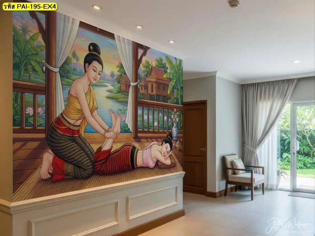 ท่านวดไทยท่านอนคว่ำ ดัดยืดขา ภาพตกแต่งร้านนวดแผนโบราณที่สมบูรณ์แบบ ติดตั้งโดยช่างติดตั้งวอลเปเปอร์มืออาชีพจาก Murallbkk