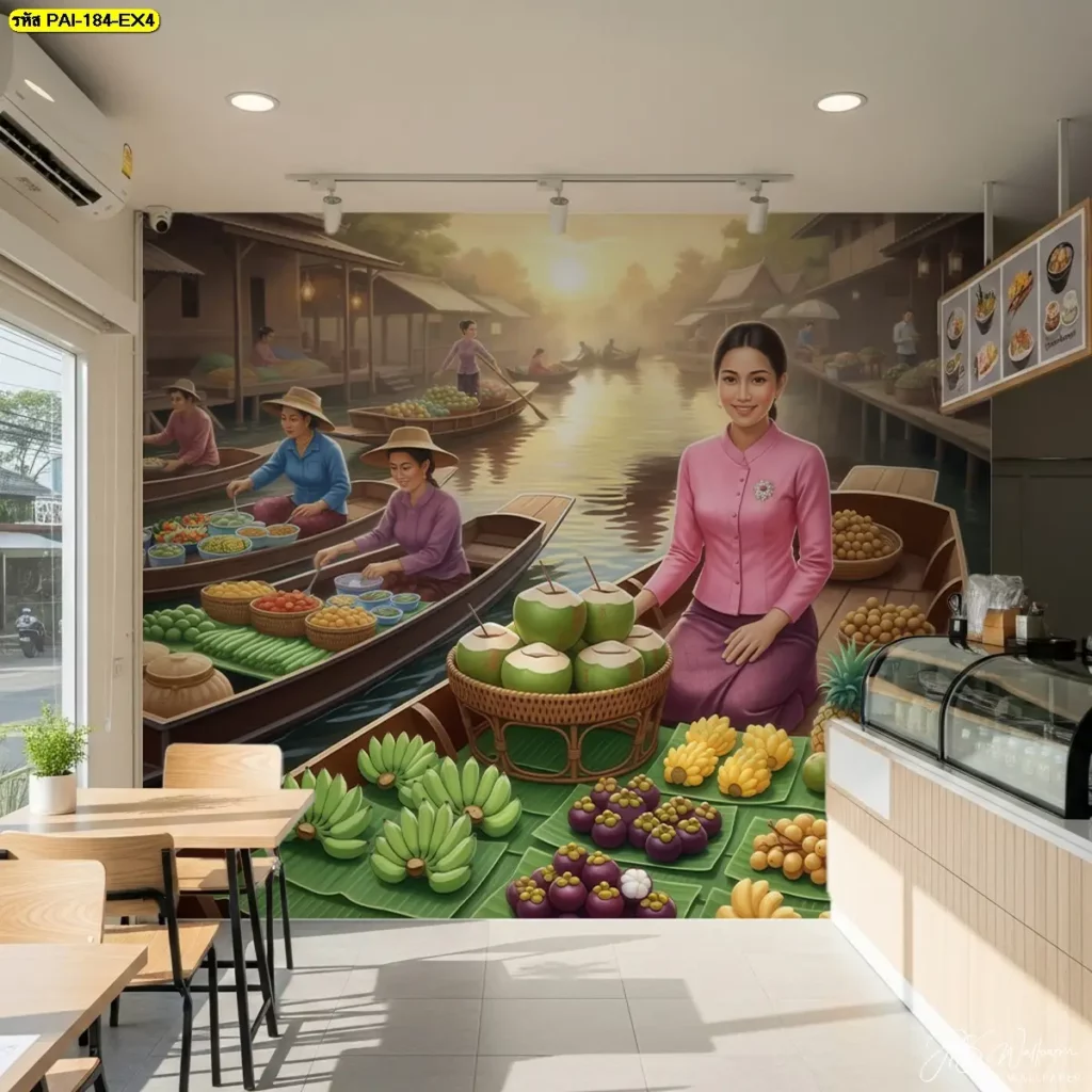 วอลเปเปอร์ตกแต่งร้านผลไม้ ลวดลายผลไม้ไทยสีสันสดใส ช่วยเพิ่มความน่าสนใจให้ร้าน ผลิตโดย Murallbkk ร้านขายวอลเปเปอร์ รับผลิตวอลเปเปอร์ พร้อมบริการติดตั้งครบวงจร