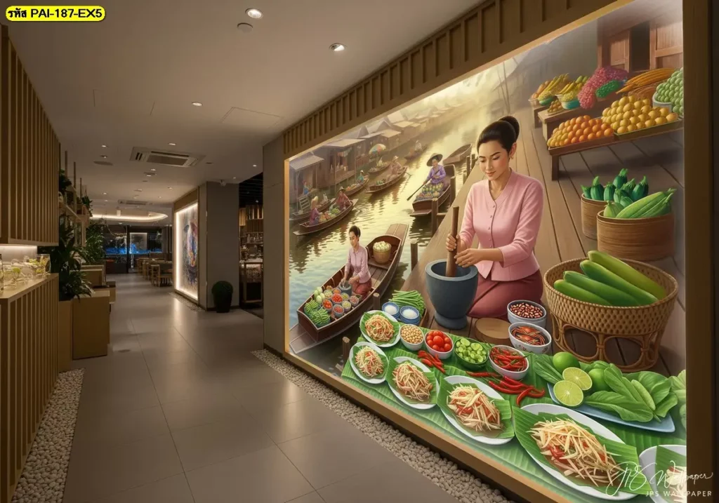 ภาพติดผนังร้านส้มตำ ถ่ายทอดบรรยากาศอาหารไทยอีสานได้อย่างลงตัว ผลิตโดย Murallbkk ร้านผลิตวอลเปเปอร์ จำหน่ายวอลเปเปอร์ พร้อมบริการติดตั้งทั่วประเทศ