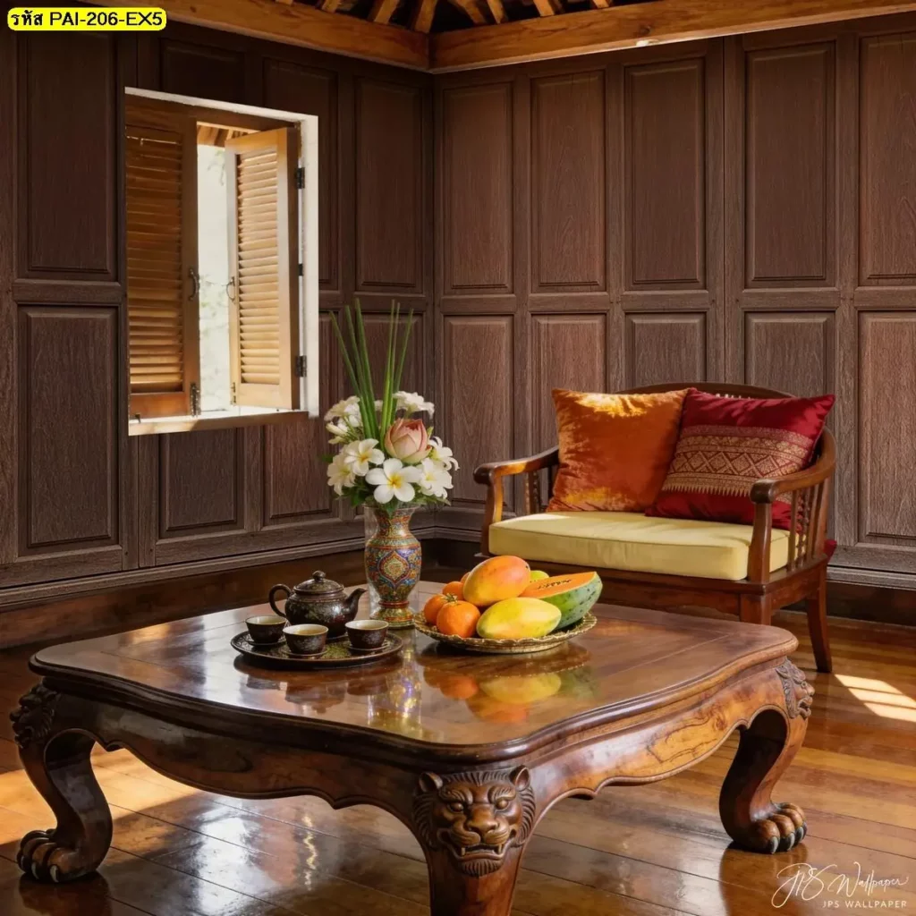 รูปภาพแต่งบ้านไม้ไทย ถ่ายทอดความงดงามของลายไม้ธรรมชาติ พร้อมบริการ รับผลิตวอลเปเปอร์ Murallbkk คุณภาพมาตรฐาน