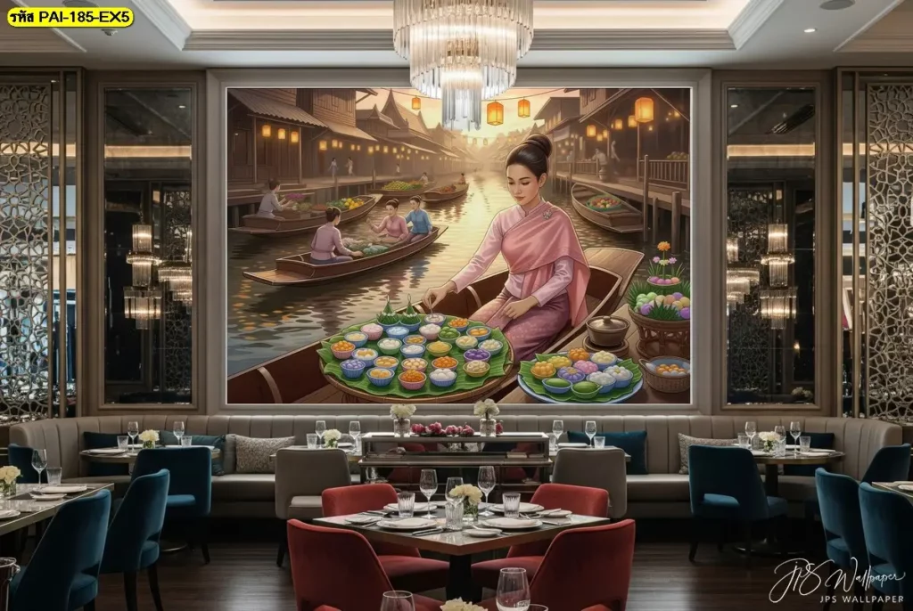 วอลเปเปอร์ขนมไทยโบราณ ดีไซน์คมชัด สีสันสมจริง เหมาะสำหรับร้านขนมไทยทุกสไตล์ ผลิตโดย Murallbkk ร้านขายวอลเปเปอร์ รับผลิตวอลเปเปอร์ และติดตั้งครบวงจร