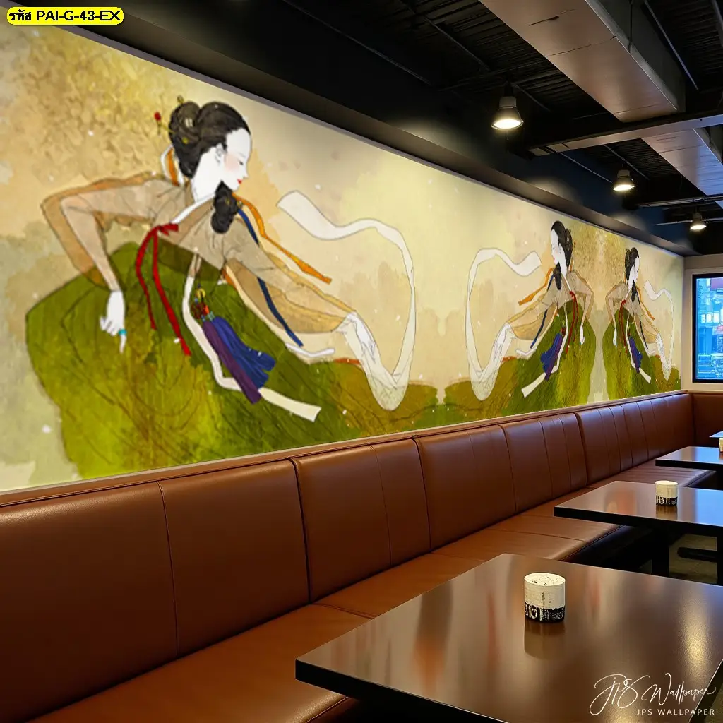 วอลเปเปอร์ชุดฮันบกเกาหลี ลวดลายสีสันคมชัด เพิ่มความโดดเด่นให้ร้านอาหารเกาหลี ผลิตโดย Murallbkk พร้อมช่างติดตั้งวอลเปเปอร์มืออาชีพ
