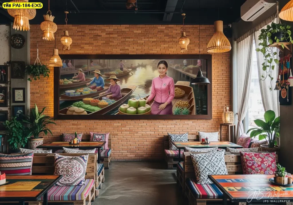 วอลเปเปอร์ร้านผลไม้ตลาดน้ำ ถ่ายทอดบรรยากาศตลาดน้ำไทยผ่านลวดลายผลไม้คุณภาพสูง ผลิตโดย Murallbkk รับผลิตวอลเปเปอร์ และจำหน่ายวอลเปเปอร์ครบวงจร