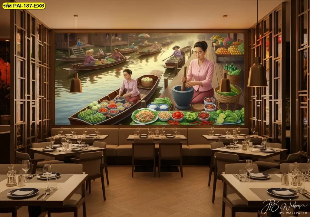 ภาพติดผนังร้านส้มตำ ลายครกส้มตำและวัตถุดิบอาหารอีสาน เหมาะสำหรับร้านอาหารทุกขนาด จาก Murallbkk ร้านขายวอลเปเปอร์ พร้อมบริการรับติดตั้งวอลเปเปอร์