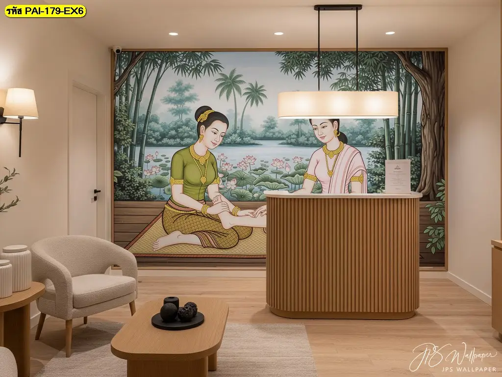ภาพติดผนังร้านนวด ลายไทยร่วมสมัยช่วยเพิ่มมูลค่าและความน่าเชื่อถือให้สถานประกอบการ สั่งผลิตได้ที่ รับผลิตวอลเปเปอร์