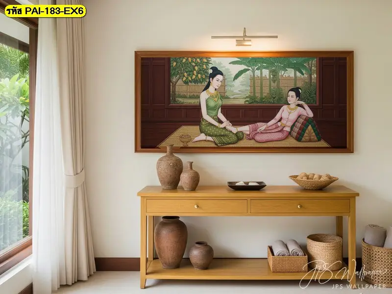 Thai massage wall mural ลายไทยเต็มผนัง ช่วยสร้างบรรยากาศที่ลูกค้าประทับใจ ผลิตโดย Murallbkk ร้านขายวอลเปเปอร์ พร้อมช่างติดตั้งวอลเปเปอร์มืออาชีพ