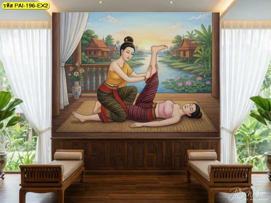 ภาพตกแต่งร้านนวดแผนโบราณ ท่านวดไทยท่านอนหงาย ยืดขาตรง พิมพ์บนวอลเปเปอร์สีขาวลายนูน ติดตั้งโดยช่างติดตั้งวอลเปเปอร์มืออาชีพ