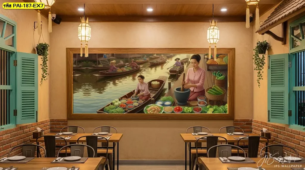 วอลเปเปอร์ตกแต่งร้านอาหารไทยอีสาน เพิ่มบรรยากาศให้อบอุ่นและน่านั่ง ผลิตโดย Murallbkk รับผลิตวอลเปเปอร์ พร้อมช่างติดตั้งวอลเปเปอร์มืออาชีพ ดูแลทุกขั้นตอน