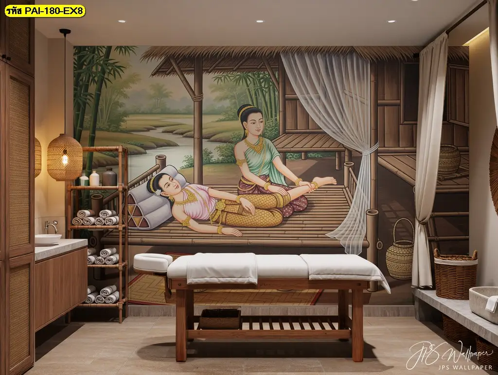 Thai spa wallpaper ภาพนวดไทยท่ามกลางธรรมชาติ เหมาะสำหรับร้านนวดไทย ผลิตโดยร้านผลิตวอลเปเปอร์ Murallbkk พร้อมบริการครบวงจร