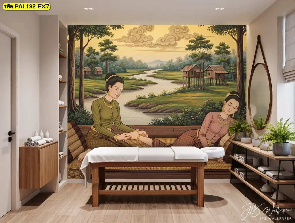 Thai Massage Mural Wallpaper ลายไทยคุณภาพสูง เหมาะสำหรับร้านนวด ร้านสปา และศูนย์สุขภาพ ผลิตโดยร้านผลิตวอลเปเปอร์ Murallbkk