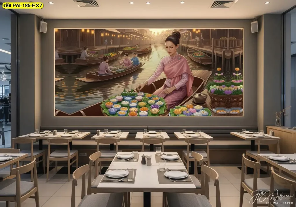วอลเปเปอร์ตกแต่งร้านขนมไทย เพิ่มเสน่ห์ให้ผนังร้านด้วยภาพขนมไทยโบราณ ผลิตโดย Murallbkk ร้านขายวอลเปเปอร์ พร้อมบริการติดตั้งโดยช่างติดตั้งวอลเปเปอร์มืออาชีพ
